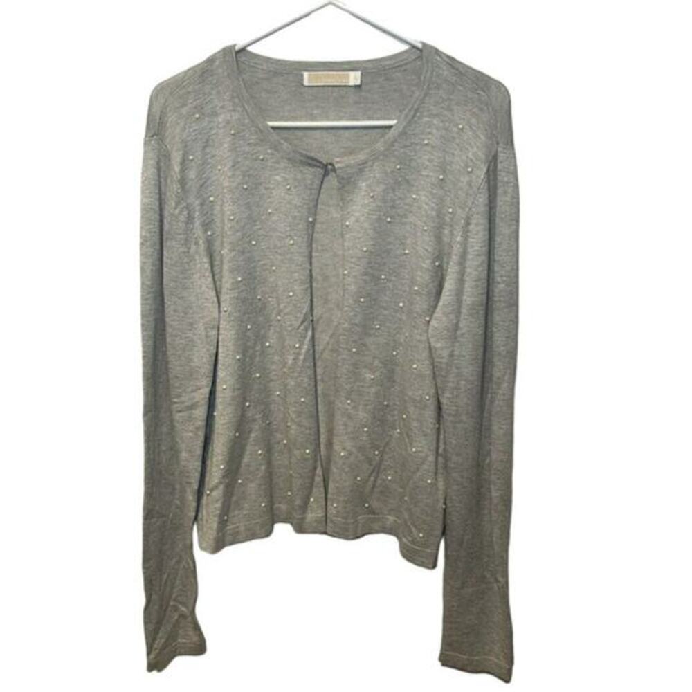 CHRISTINA Womens Open Front Gray Cardigan Sweater Pearls Preppy Basic Large